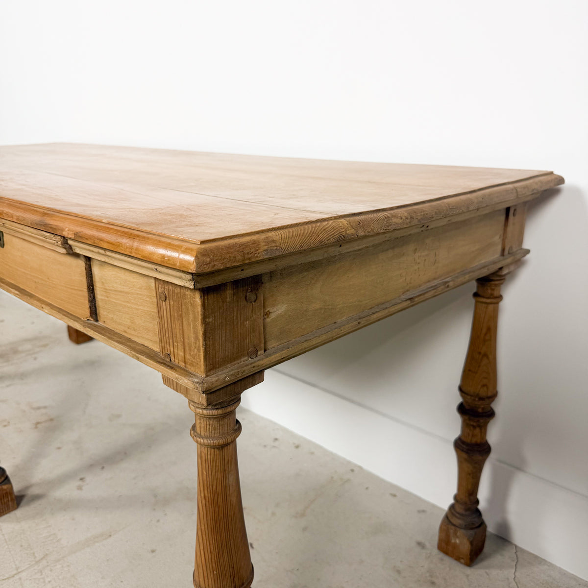Antique Pine Table with Six Turned Legs and Drawer