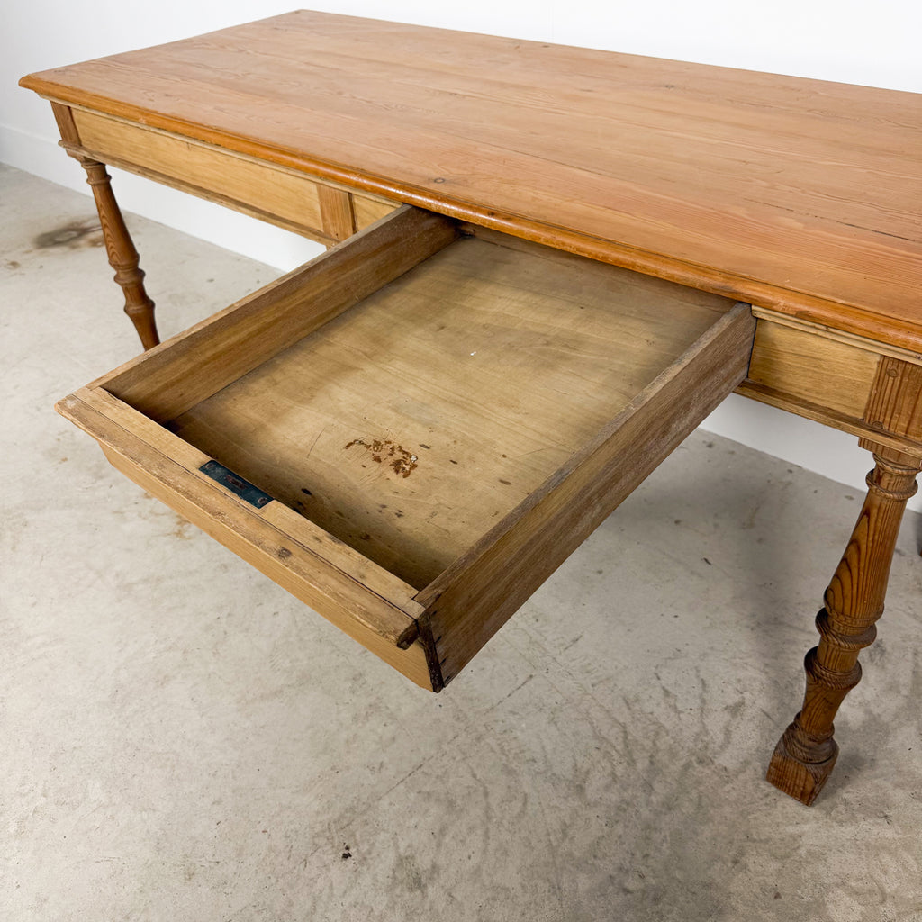 Antique Pine Table with Six Turned Legs and Drawer