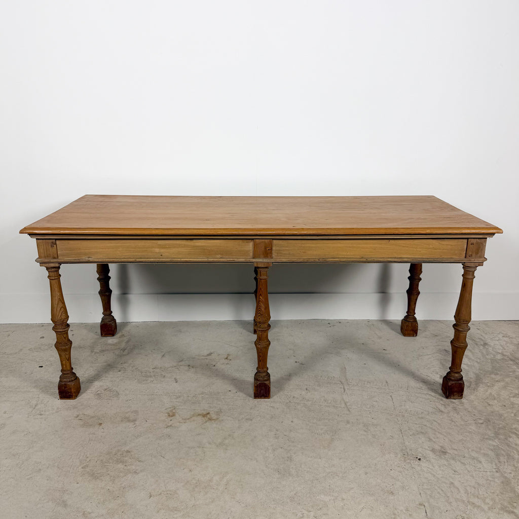 Antique Pine Table with Six Turned Legs and Drawer